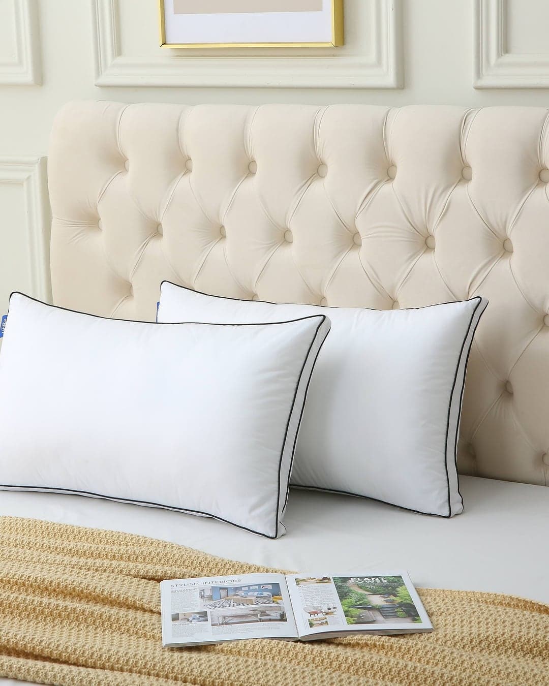 Plain product listing photo: two white pillows against a tufted cream headboard